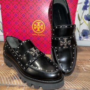 Tory Burch Black Leather Loafers with Silver Studs